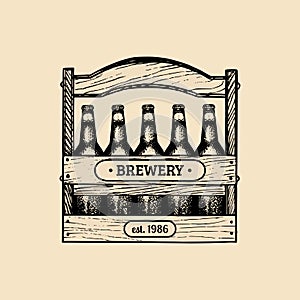 Beer box. Brewery logo. Lager retro icon with hand sketched crate of bottles. Vector vintage ale label or badge.