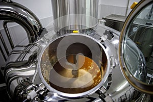 Brewing of beer, equipment at microbrewery, top view photo