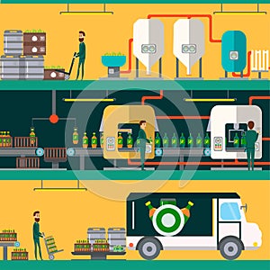 Beer Brewery Process. Brewery Factory Background. Colorful vector illustration of elements of brewing process
