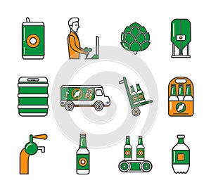 Beer Brewery Process icons set. Vector illustrations of elements of brewing process.