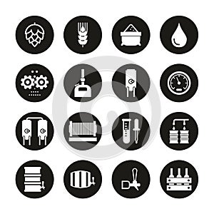 Beer Brewing Icons White On Black Circle Set