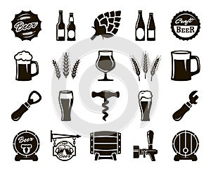 Beer, brewing, ingredients, consumer culture. set of black icons