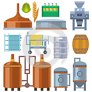 Beer brewing process alcohol factory production equipment mashing boiling cooling fermentation vector illustration.