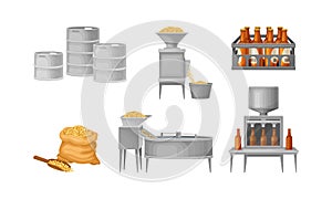 Beer Brewing Process with Steeping Cereal Grains and Bottling Vector Set