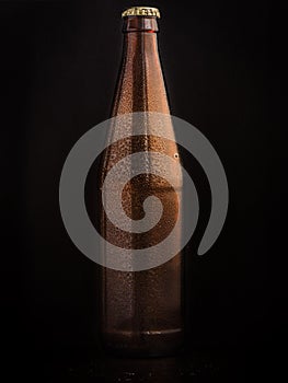 Beer brown bottle on black background