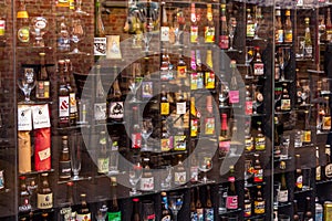 Beer in Bruges, Belguim with bottles and glasses