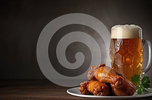 Beer and buffalo bbq chicken wings on a plate