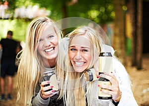 Beer can, festival portrait friends and happy women smile for fun bond, soda cooldrink beverage or outdoor social event