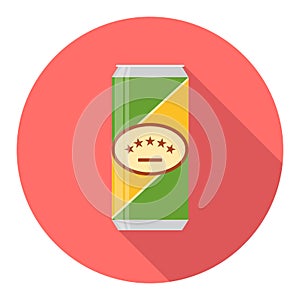 Beer can, green beer can icon isolated on red background with shadow. Vector, cartoon illustration.