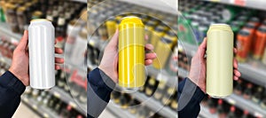 Beer can in hand. Mockup in front of shelf at hypermarket