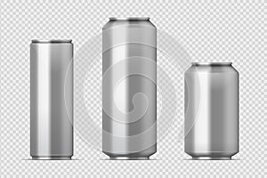 Beer can mockup. Realistic aluminum metal can for soda, different types of blank can with copy space. Vector isolated