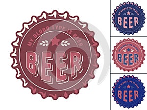 Beer cap vector set or brew emblem or craft beer logos. Labels or prints with metal cork