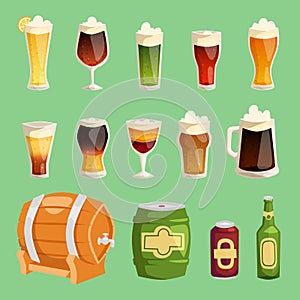 Beer cartoon vector mug cups and glass bottles beerhouse brewery beermug or beerbottle and dark ale in bar on beery