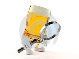 Beer character looking through magnifying glass