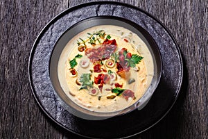 Beer cheese soup in bowl, top view