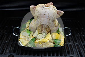 Beer chicken on the grill with veggies