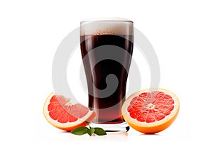 Beer or cider in tall glass with citrus on white background. Mugs with drink like Ipa, Pale Ale, Pilsner Porter or Stout