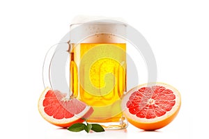 Beer or cider in tall glass with citrus on white background. Mugs with drink like Ipa, Pale Ale, Pilsner Porter or Stout