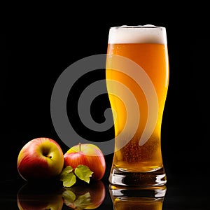 Beer or cider in a tall glass on a dark black background. Mugs with drink like Ipa, Pale Ale, Pilsner, Porter or Stout