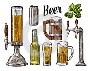 Beer class, can, bottle, barrel. Vintage engraving illustration