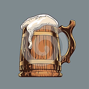 Beer classic wooden mug or tankard. Vector illustration