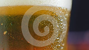 Beer closeup. Pint of cold Craft beer isolated on matte black background, rotation 360 degrees. Glass of beer with water