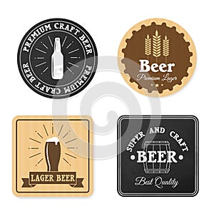 Beer coaster design. Square and round beer coasters, pub labels beverage mats, hipster style brewery stickers, alcoholic