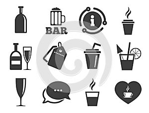 Beer, coffee and tea icons. Alcohol drinks. Vector