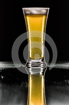 Beer. Cold Craft light Beer in a glass with water drops. Pint of Beer close up isolated on black color background. Border design