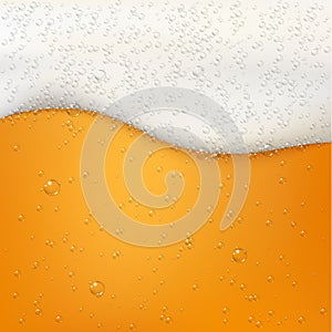 Beer color texture with bubbles and white foam. Gold beer backdrop. Fresh cold beer flow banner. Vector