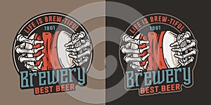 Beer crumpled can in bone hand for drink shop or old brewery. Craft beer vector logo or emblem with skeleton and metal