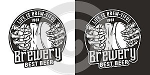 Beer crumpled can in bone hand for drink shop or old brewery. Craft beer vector logo or emblem with skeleton and metal