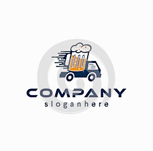 Beer delivery logo with truck icon drink design vector illustration. craft brewery beverage car vehicle label transport service