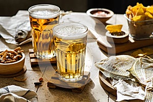 beer with dried fish and nuts