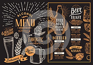 Beer drink menu for restaurant and cafe. Design template on blac