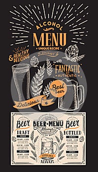 Beer drink menu for restaurant and cafe. Design template with ha