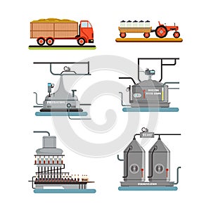 Beer factory production line. Brewery industrial equipment set cartoon vector illustration