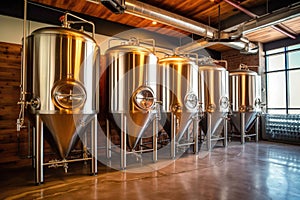 beer fermentation tanks with pipes and valves