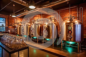 beer fermentation tanks with pipes and valves