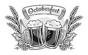 Beer festival advertisement poster Oktoberfest wheat ear hop banner background monochrome engraving