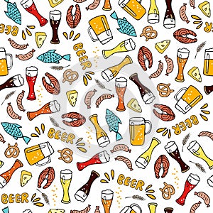 Beer festival. Cartoon hand drawn seamless pattern. Linear vector doodle on white background. Beer Mug, glass, Bavarian