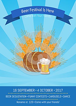 Beer Festival is Here Vector Illustration on Blue