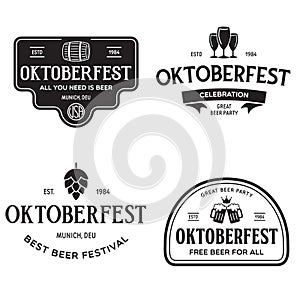 Beer festival Oktoberfest celebrations retro style labels, badges and logos set with beer mug, barrel etc