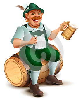 Beer Festival Oktoberfest. Man sits on wooden barrel and drinks beer