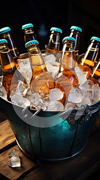 Beer filled bottles chill inside pail cradled by ice for refreshing coolness