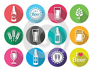 Beer flat design round icons set - bottle, glass, pint