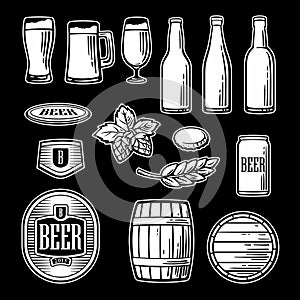 Beer flat icons set - bottle, glass, barrel, pint. Black and white Vintage illustration for web design, logo, brochure, pos