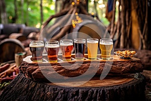 beer flight on log bench near campfire