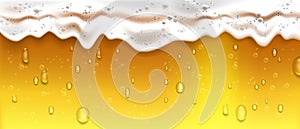 Beer foam background, sparkling fizzy beverage texture, vector summer bar wallpaper, golden bubble.