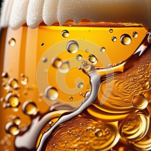 Beer with foam and bubbles in a glass close-up macro photo